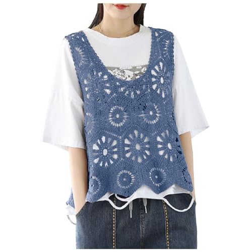 Ärmellose Häkelweste mit langen Quasten, Fransen, Damen SommerBoho Häkel-T-Shirt Boho Hippie Hollow Out Strick Blumenmuster Pullover Top Strand Bluse Cover Up 70er-Jahre, Strandtunika (Blue, One Size) von Glücksvogel