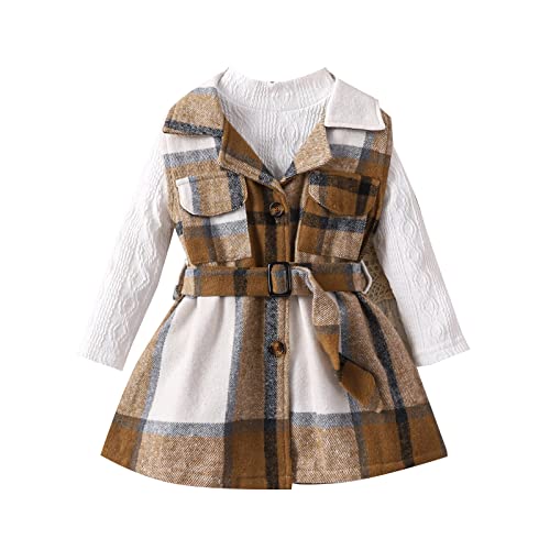 Baby Mädchen Langarm Kleid Spitze Plaid Kleid 2PCS Outfits Mädchen Prinzessin Strickkleid Frühling Herbst Mädchenkleid Kariertes Pullover Taufkleid Partykleid Freizeitkleid Kleidung Kostüme Geschenk von Glücksvogel