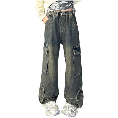 Baggy Cargo Jean Hosen für Mädchen Elastische Taille Fallschirmhosen Parachute Weite Bein Denim Jeans Jogger Cargo Hose Jogginghose Hip Hop Streetwear Aesthetic Hosen Freizeithose für (10-11 Years) von Glücksvogel