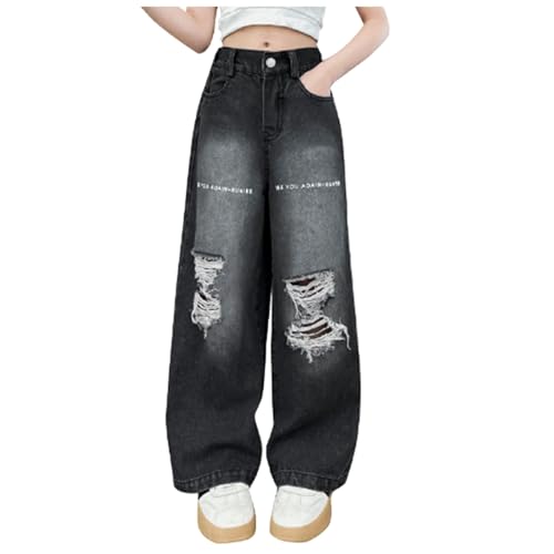 Baggy Jeans Mädchen Kinder Teenager Denim Jeans Y2k Ripped Wide Leg Denim Hosen mit gerissenen Löchern lässige hohe Taille Weite Bein Jeans Loose Fit Denim Vintage Jeanshose Streetwear mit Taschen von Glücksvogel
