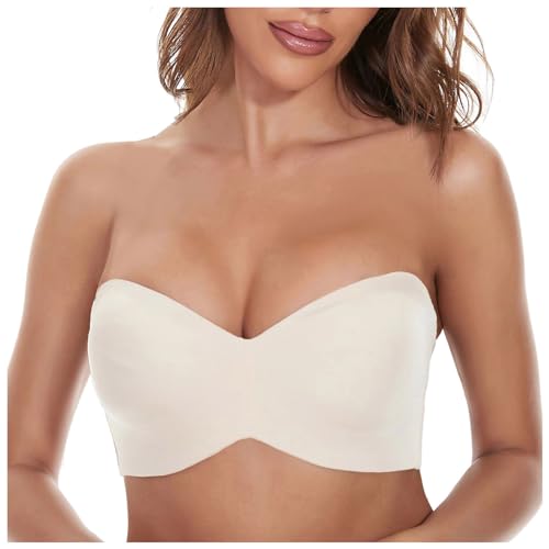 Bandeau BH Ohne Bügel Damen Trägerloser BH Gepolstert Weiche Dehnbare Bequem Push Up T-Shirt-BHS Nahtlose Tube Top Große Größen BHS Ohne Träger Seamless Bra Bralette Bandeau Tops für (Beige, 80B) von Glücksvogel