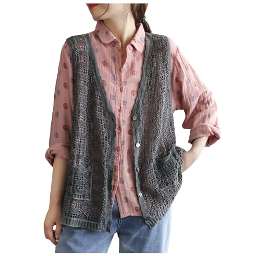 Boho Hippie Häkeln Weste Leichte SommerTops Strickjacke Offene Hohl Spitze Hippie Strickweste Strand Cardigan lockere Damen Irregular Ärmellos Häkeltop Vorne Offen Lange Häkelweste (Grey, One Size) von Glücksvogel