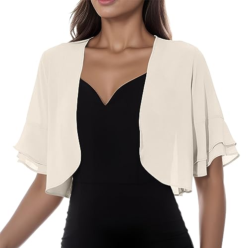 Bolero Damen Festlich Elegant Chiffon Leicht Strickjacke 3/4 Ärmel Sommer Kurz Rüschen Schulterjacke Offene Dünn Jäckchen Front Cardigan Transparent Bolerojacke Perfekt Cocktailkleid Abendkleid von Glücksvogel