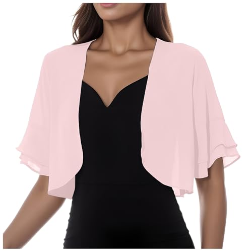 Bolero Damen Festlich Elegant Chiffon Leicht Strickjacke 3/4 Ärmel Sommer Kurz Rüschen Schulterjacke Offene Dünn Jäckchen Front Cardigan Transparent Bolerojacke Perfekt Cocktailkleid Abendkleid von Glücksvogel