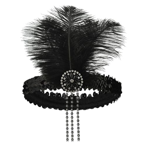 Damen 1920s Feder Flapper Stirnband Vintage Dehnbar Feder Kristall Fascinator Haarband Festival Hochzeit Party Haarreif Boho Haar Kopfschmuck Accessoires für Frauen Mädchen Karneval (Black, One Size) von Glücksvogel