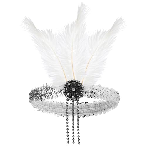 Damen 1920s Feder Flapper Stirnband Vintage Dehnbar Feder Kristall Fascinator Haarband Festival Hochzeit Party Haarreif Boho Haar Kopfschmuck Accessoires für Frauen Mädchen Karneval (White, One Size) von Glücksvogel