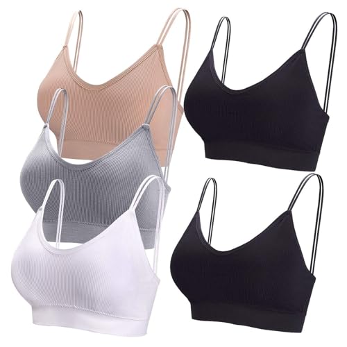 Damen 5er Set Basic Wohlfühl BH Sport BHs Set Spaghettiträger Bralette ohne Bügel Nahtlose Bustier Gepolsterte V Gerippte Camisole Top Schlafen BHs Bra Support Bra Yoga BH Top für Frauen, Mädchen von Glücksvogel