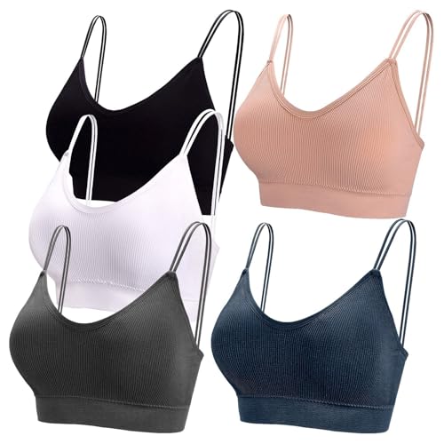 Damen 5er Set Basic Wohlfühl BH Sport BHs Set Spaghettiträger Bralette ohne Bügel Nahtlose Bustier Gepolsterte V Gerippte Camisole Top Schlafen BHs Bra Support Bra Yoga BH Top für Frauen, Mädchen von Glücksvogel
