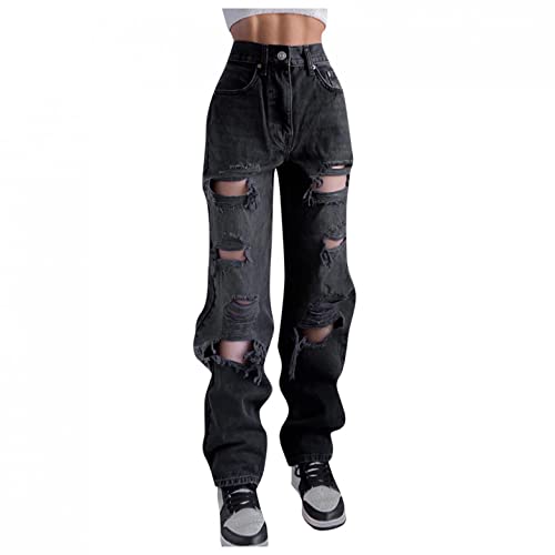 Damen Baggy Jeans Hohe Taille Jeans Weitem Bein Loose Jeanshose Patchwork Straight Leg Denim Jeans Hose Vintage Gerade Hosen Lang Locker Boyfriend Streetwear Loose von Glücksvogel