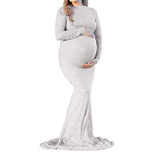 Damen Elegant Umstandsmode Kleid Maxi Spitzenkleid Party Schwangerschaft Mutterschaft Fotografie Kleid Umstandskleid Schwangere Langes Abendkleid Frauen Fotoshooting Stützen Mutterschaft (White, L) von Glücksvogel