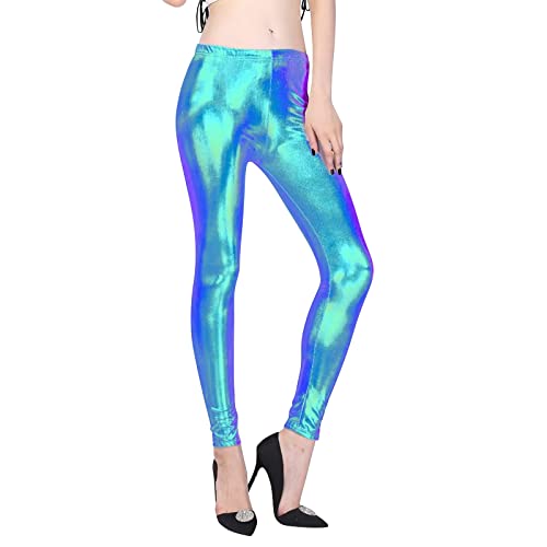 Damen Glanz Leggins Leggings Wet-Look Kunstleder High Waist Leggings Skinny PU Leder Hose Leder-Optik Shiny Metallic Stretch Leggings Glänzend, Stretch, Blickdicht, für Damen, Fasching, 70er von Glücksvogel