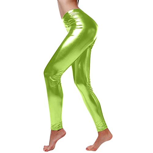 Damen Glanz Leggins Leggings Wet-Look Kunstleder High Waist Leggings Skinny PU Leder Hose Leder-Optik Shiny Metallic Stretch Leggings Glänzend, Stretch, Blickdicht, für Damen, Fasching, 70er von Glücksvogel