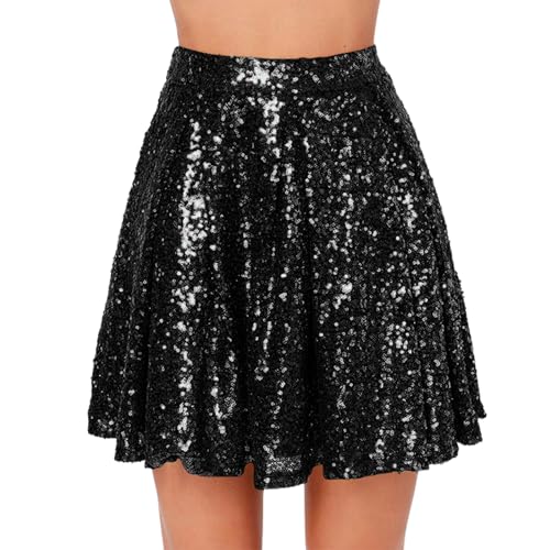 Damen Gold Glitzer Röck Minirock Elastische Taille Glänzender Faltenrock Pailletten Rock Kurz Shiny Metallic Plisseerock Freizeitrock Rave Party Cocktail Paillettenrock Skaterrock Clubwear (Black, S) von Glücksvogel