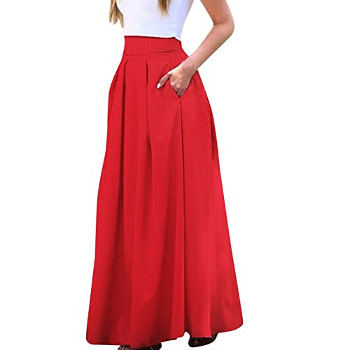 Damen High Waist Maxirock Taschen mit Seitenschlitz Langer A-Linie Rock Vintage Elegant Faltenrock Hohe Elastische Taille Festliche Midirock Einfarbig Langrock Geeignet Für Hochzeit, (Red, M) von Glücksvogel
