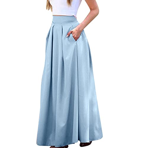 Damen High Waist Maxirock Taschen mit Seitenschlitz Langer A-Linie Rock Vintage Elegant Faltenrock Hohe Elastische Taille Festliche Midirock Einfarbig Langrock Geeignet Für Hochzeit, (Sky Blue, S) von Glücksvogel