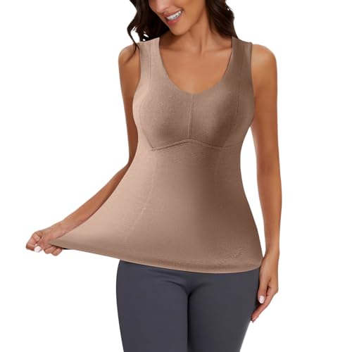 Damen Innenfleece Thermounterwäsche Oberteil Baumwolle Tank Top Winter Warmes Thermo Unterhemd Ärmellos Longshirt Thermo-Shirt Fleece Funktionsunterwäsche Rundhalsausschnitt Warme (XE-Khaki, XXL) von Glücksvogel