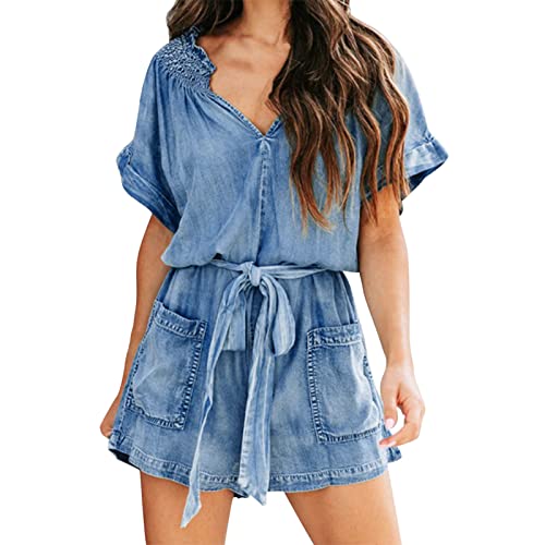 Damen Jumpsuit Denim Kurz Lose Sommer Stretch Straight Leg Hosenanzug V-Ausschnitt Kurzarm Jeans Overall Strampler Regular Fit Weites Bein Jumpsuits Kurz Overall Comfy mit Gürtel Casual Lose (Blue, S) von Glücksvogel