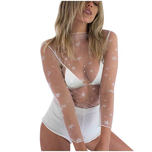 Damen Langarm Rollkragen Durchsichtige T-Shirt Tüll Mesh Langarmshirt Sexy Transparente Top Fishnet Sheer Lace Stretch Slim Fit Oberteile T-Shirt Teenage Mädchen Bluse Tunika Streetwear (White, M) von Glücksvogel