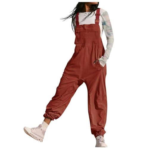 Damen Latzhose Ärmelloser Oversize Trägerhose Beiläufig Loose Fit Pants Overall Baggy Jumpsuit Strampler Sommerhose Arbeitslatzhose Lose Jumpsuit mit Große Taschen Baggy Hosen Playsuit (Red, XL) von Glücksvogel
