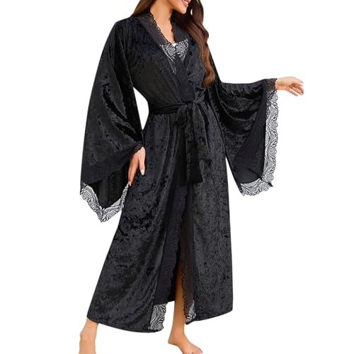 Damen Leichter Bademantel Velvet Lang Morgenmantel Velours Elgant Samt Spitzen Ärmel Braut Hochzeit Nachtwäsche Bride Morgenmantel Schlafmantel Bademantel Loungewear Kimono Kleid mit Gürtel (Black, L) Damen Leichter Bademantel Velvet Lang Morgenmantel Velours Elgant Samt Spitzen Ärmel Braut Hochzeit Nachtwäsche Bride Morgenmantel Schlafmantel Bademantel Loungewear Kimono Kleid mit Gürtel (Black, L) von Glücksvogel