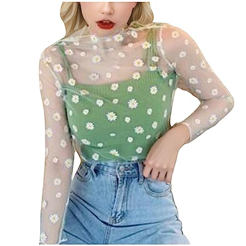 Damen Mesh Langarmshirt Oberteil Rollkragenpullover Leichtes Transparent Tüll Mesh Bluse Tunika Tops Sexy Netz Oberteile Durchsichtiges Netz Langarm T-Shirt Casual Schwarz Party Tops (Green, One Size) von Glücksvogel