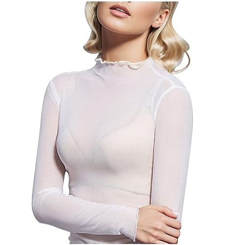 Damen Mesh Langarmshirt Sexy Rollkragen Durchsichtige T-Shirt Fishnet Tüll Transparente Top Sheer Lace Stretch Slim Fit Oberteile T-Shirt Teenage Mädchen Bluse Tunika Streetwear Clubwear (White, M) von Glücksvogel