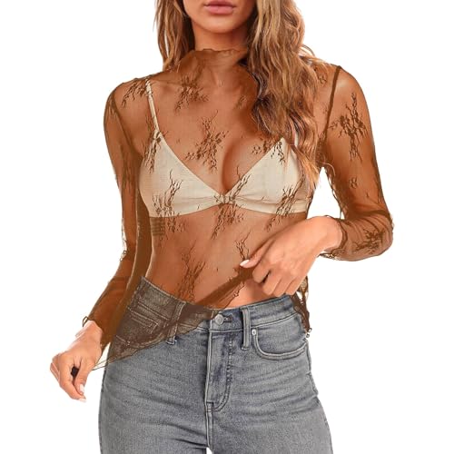 Damen Netz Oberteil Stehkragen Transparentes Mesh Shirt Sexy Spitzen Schwarz Langen Ärmeln Durchsichtiges Langarm Shirt Sexy Leichtes Transparent Tüll Mesh T-Shirt Sheer Mesh Bluse Tunika (Coffee, XL) von Glücksvogel
