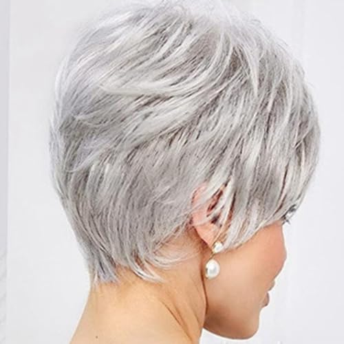 Damen Perücke Frauen Silbergrau Kurz Haare Layered Wave Perücken mit Pony Cosplay Perücke Kostümparty Halloween Party Wigs Daily Wear Mottoparty Fasching 70er Jahre von Glücksvogel