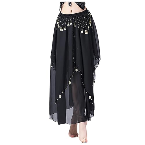 Damen Rock Bauchtanz Hüfttuch mit Münzen Bauchtanz Gürtel Rock Hüfttuch Münzen Gürtel Rock Bauchtanz Kostüm Quastenrock Rave Outfit Festival Fransenröcke Festival Glitzerrock (Black, One Size) von Glücksvogel