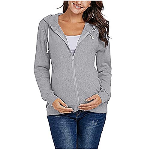 Damen Schwangere Sweatshirt Herbst Winter Hoodie Umstandsmode Baumwolle Kapuzenpullover Jacke Langarmshirt für Mama und Baby Maternity Umstandbekleidung Jacke Outwear mit Reißverschluss (Grey, M) von Glücksvogel