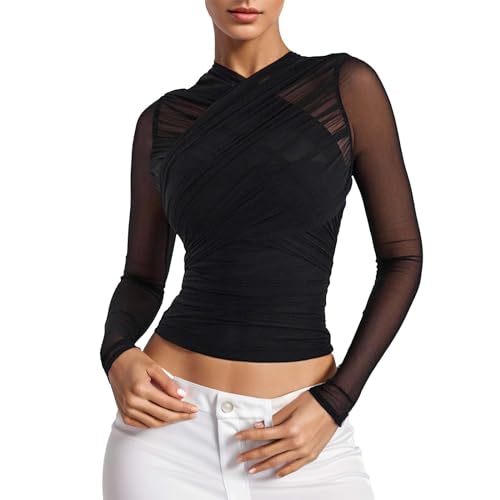 Damen Shirts Tüll Mesh Langarmshirts Oberteile Transparente Schwarz Langarm Tshirts Fishnet Sheer Lace Blusenoberteile High Stretch Slim Fit Mesh Sexy Bluse Tunika Casual Teenage Mädchen (Black, L) von Glücksvogel