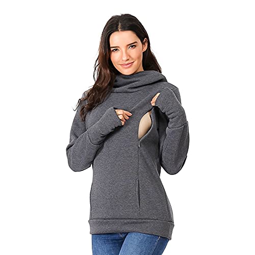 Damen Stillen Hoodie Mutterschaft Fleece Stillpullover mit Kapuze,Umstandspullover Langarm Stilloberteil Umstandsmode Herbst Winter Warm Pullover Schwangere Pflege Stillen Shirt (B-Dark Gray, XXL) von Glücksvogel