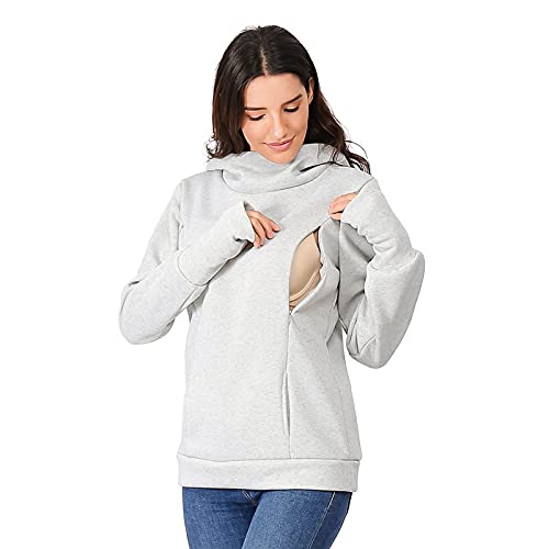 Damen Stillen Hoodie Mutterschaft Fleece Stillpullover mit Kapuze,Umstandspullover Langarm Stilloberteil Umstandsmode Herbst Winter Warm Pullover Schwangere Pflege Stillen Shirt Sweatshirt (B-Grey, L) von Glücksvogel