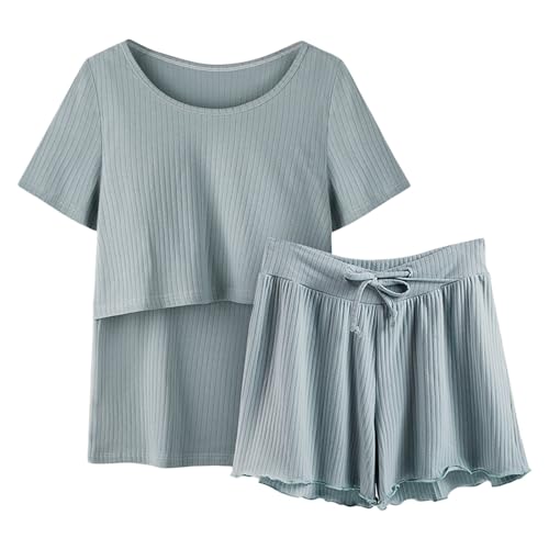 Damen Stillpyjama Kurz Stillen Schlafanzug Zweiteiliger Umstandspyjama Kurzarm Stilltop + Hose Elastischem Pyjama-Set Stillfunktion Schwangerschaft Nachtwäsche Umstandsmode für (BU2, XXXL) von Glücksvogel