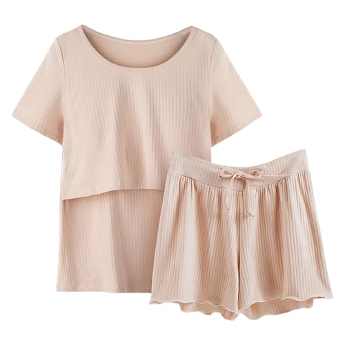 Damen Stillpyjama Kurz Stillen Schlafanzug Zweiteiliger Umstandspyjama Kurzarm Stilltop + Hose Elastischem Pyjama-Set Stillfunktion Schwangerschaft Nachtwäsche Umstandsmode für (Beige, XXL) von Glücksvogel