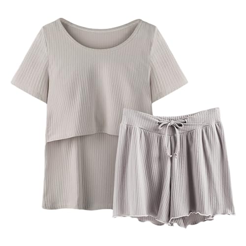 Damen Stillpyjama Kurz Stillen Schlafanzug Zweiteiliger Umstandspyjama Kurzarm Stilltop + Hose Elastischem Pyjama-Set Stillfunktion Schwangerschaft Nachtwäsche Umstandsmode für (Grey, XXL) von Glücksvogel