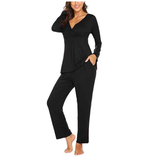 Damen Stillpyjama Lang Umstands Zweiteiliger Schlafanzug Stillschlafanzug Baumwolle Umstandspyjama Langarm Umstandsmode Winter Hausanzug für Schwangerschaft Pyjama Set Stillfunktion (Black, S) von Glücksvogel
