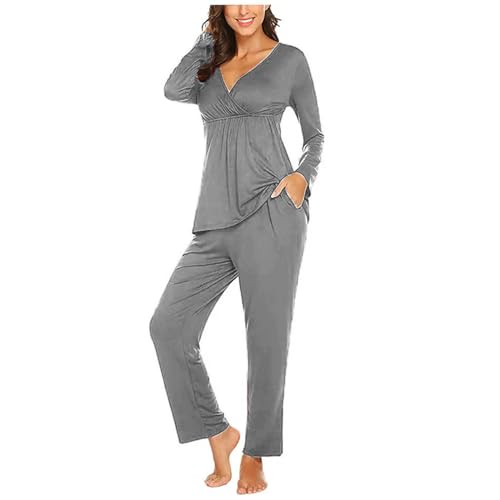 Damen Stillpyjama Lang Umstands Zweiteiliger Schlafanzug Stillschlafanzug Baumwolle Umstandspyjama Langarm Umstandsmode Winter Hausanzug für Schwangerschaft Pyjama Set Stillfunktion (Grey, S) von Glücksvogel