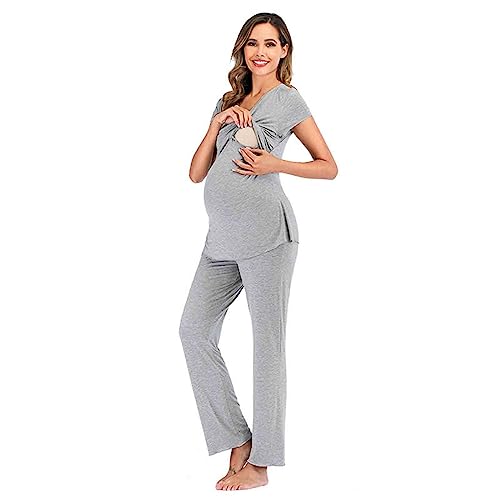 Damen Stillpyjama Langarm Umstands Pyjama Set Zweiteiliger Schlafanzug Kurzarm Stillshirt Lang Umstandsmode Umstandsmode Still Nachtwäsche Pyjama-Set Hausanzug Sleepwear für Schwangerschaft (Grey, L) von Glücksvogel