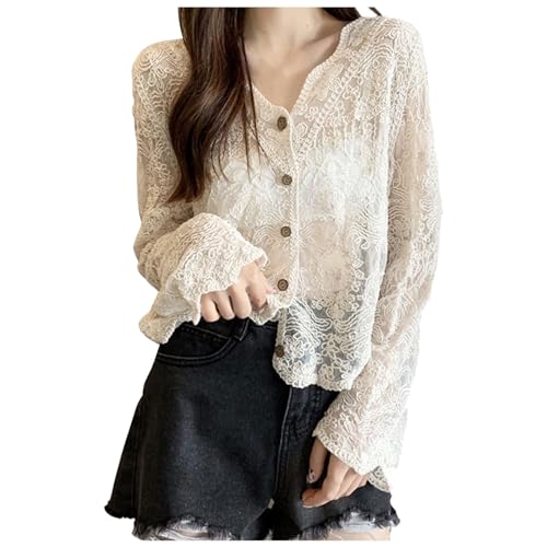 Damen Strickweste Hippie Häkelweste Blumenmuster Retro Langarm Vorne Offen Kurze SommerWeste Schal Strickjacke lockere Boho Häkeln Hohl Spitze Vielseitiger dünner Außen Beachwear (Beige, One Size) von Glücksvogel