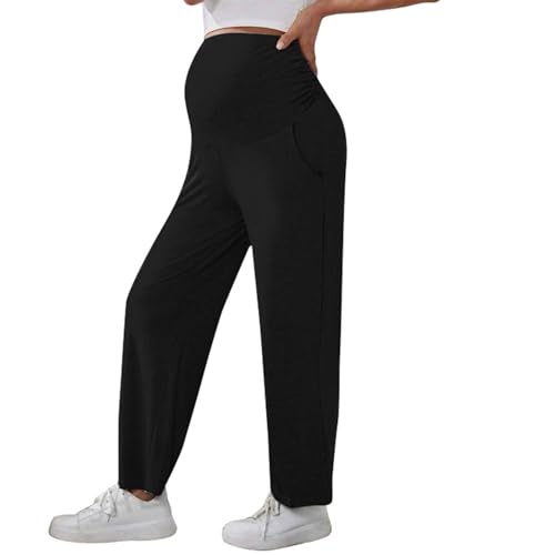 Damen Umstandhose Lang Freizeithose für Schwangere Umstandshose Lässig Lose Schwangerschafts Schlafanzug Pyjamahose Jogginghose Yogahose Stretch LoungeHosen mit Taschen Bequeme (Black, M) von Glücksvogel