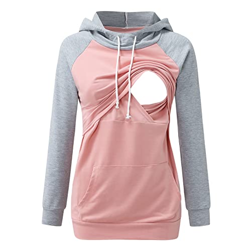 Damen Umstands Kapuzenpullover Stillzeit Lang Ärmel Stillpullover Herbst Winter Baumwolle Stillen Stillpulli Sweatshirt Hoodie mit Taschen für Schwangerschaft Basic Stillzeit Umstandsmode (Pink, XXL) von Glücksvogel