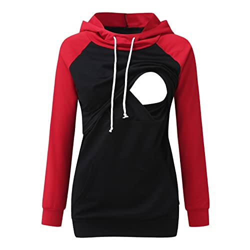 Damen Umstands Kapuzenpullover Stillzeit Lang Ärmel Stillpullover Herbst Winter Baumwolle Stillen Stillpulli Sweatshirt Hoodie mit Taschen für Schwangerschaft Basic Stillzeit Umstandsmode (Red, XXL) von Glücksvogel