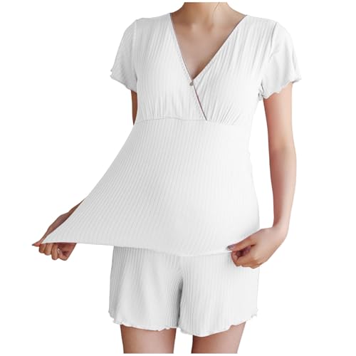 Damen Umstandsmode Stillpyjama-Set, Kurzarm-Stillshirts, Schwangerschafts-Shorts, 2-teiliges Stillpyjama Stillen Schlafanzug Kurz Umstandspyjama Set Stillfunktion Schwangerschaft (White, M) von Glücksvogel