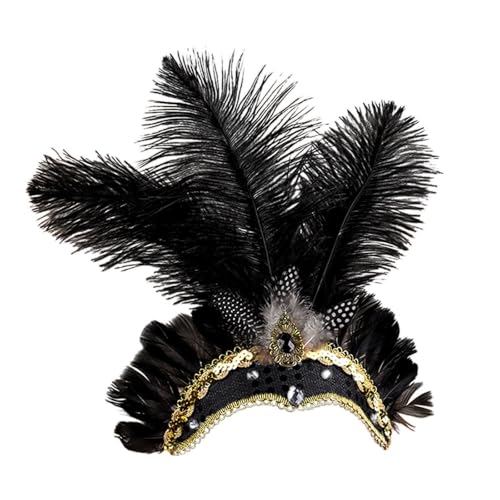 Feder Stirnband Fascinator Damen Flapper Stirnbänder Cosplay Haarband Karneval Party Kopfschmuck Vintage Feder Haarreif Feder Kopfbedeckung Kostüm für Party Karneval Hochzeit (X5-Black, One Size) von Glücksvogel