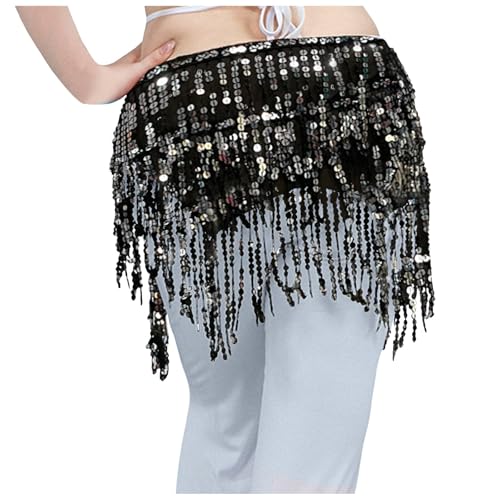 Frauen Bauchtanz Hüfttuch Rock Wickeln Pailletten Rock Bauchtanz Gürtel Kostüm Bauchtanz Hüfttuch Münzgürtel Quastenrock Rave Outfit Festival Fransenröcke Kostüm Karneval Rock Rave Festival (One Size) von Glücksvogel