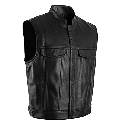 Glücksvoge Herren Lederweste Klassische Rindslederweste mit offenen Knöpfen Bikerweste Lederkutte Rindleder Freizeit Clubweste Leder ärmellose Jacke Weste Mode und Freizeit Schwarz (Schwarz2, L) von Glücksvogel