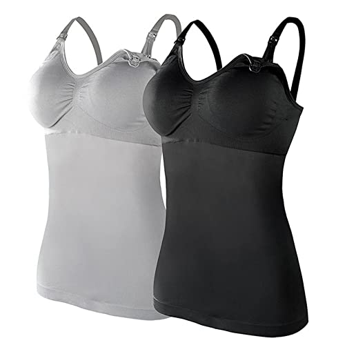 Glücksvogel 2er Damen Stilltops ohne Bügel Tanktop Unterhemd mit Integriertem BH Stillen Schlaf Unterhemd Still-Tanktops für Mutterschaft Unterhemden für Schwangere BH Basic Camisole mit (a-Black, L) von Glücksvogel