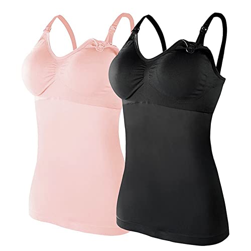 Glücksvogel 2er Damen Stilltops ohne Bügel Tanktop Unterhemd mit Integriertem BH Stillen Schlaf Unterhemd Still-Tanktops für Mutterschaft Unterhemden für Schwangere BH Basic Camisole mit (b-Pink, L) von Glücksvogel