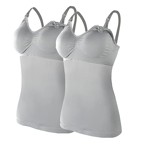 Glücksvogel 2er Damen Stilltops ohne Bügel Tanktop Unterhemd mit Integriertem BH Stillen Schlaf Unterhemd Still-Tanktops für Mutterschaft Unterhemden für Schwangere BH Basic Camisole mit (c-Grey, L) von Glücksvogel